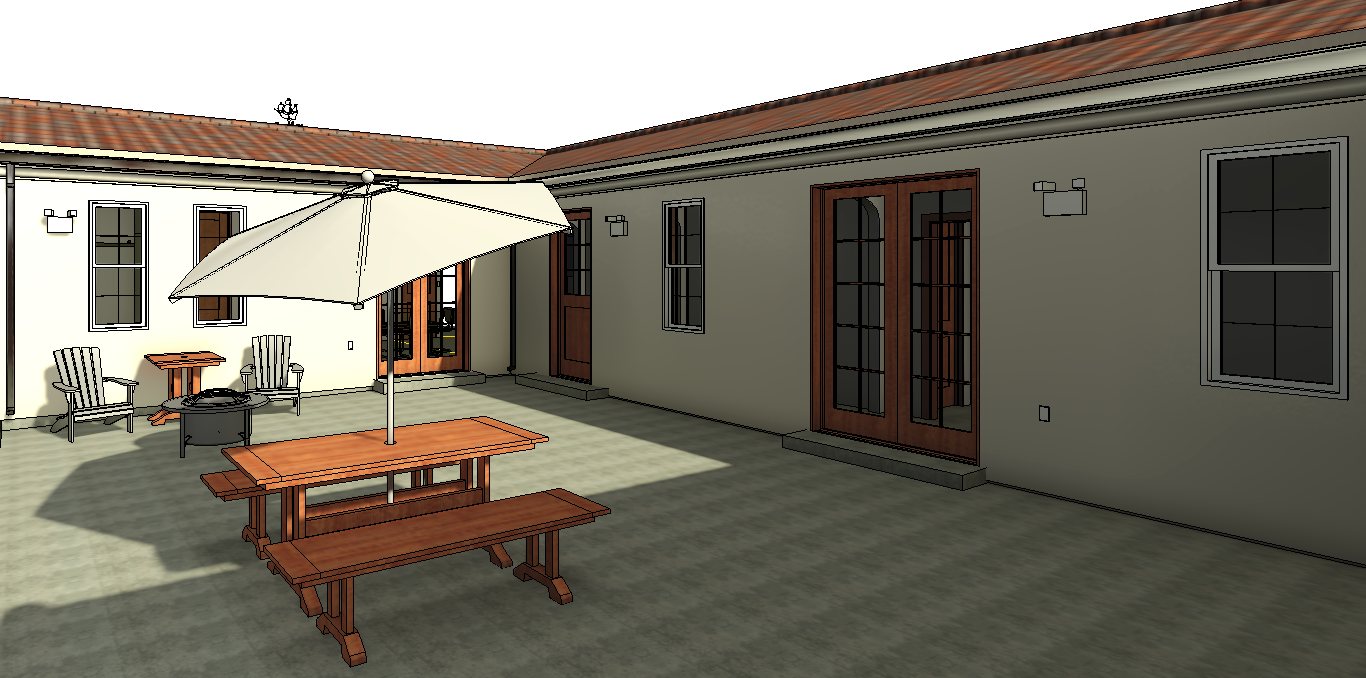 Colored architectural rendering of a courtyard residence with a wooden picnic table, umbrella, and fire pit