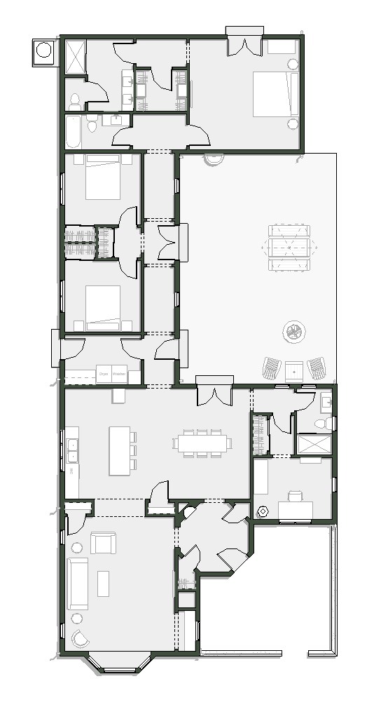 Residential floor plan of a long, single-story home showing bedrooms, baths, kitchen, dining, and living areas