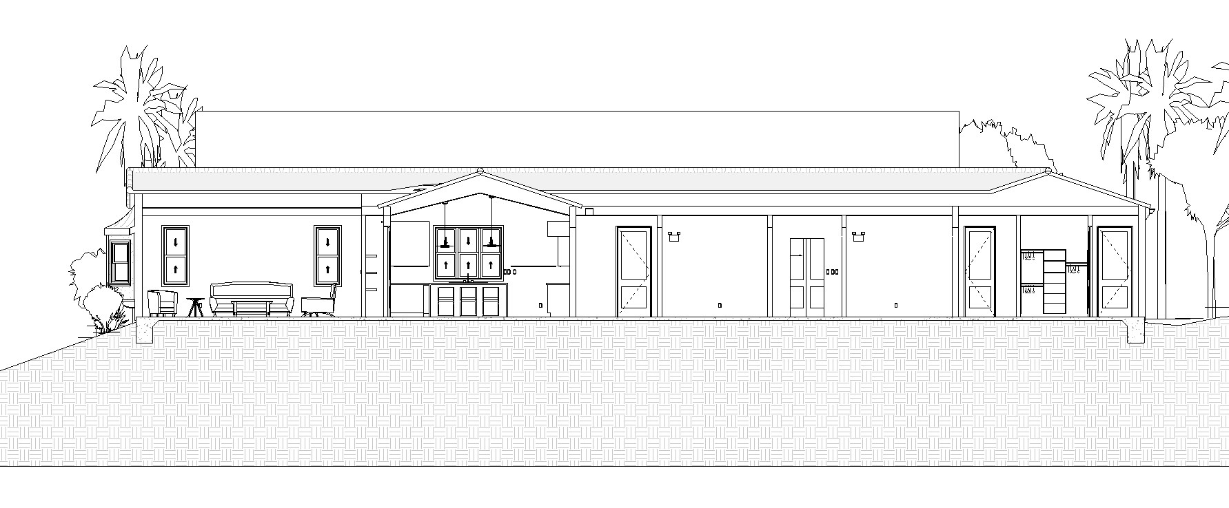 Architectural section of a long, single-story structure showing a living area, a kitchen, and a series of bays under a low-pitched roof