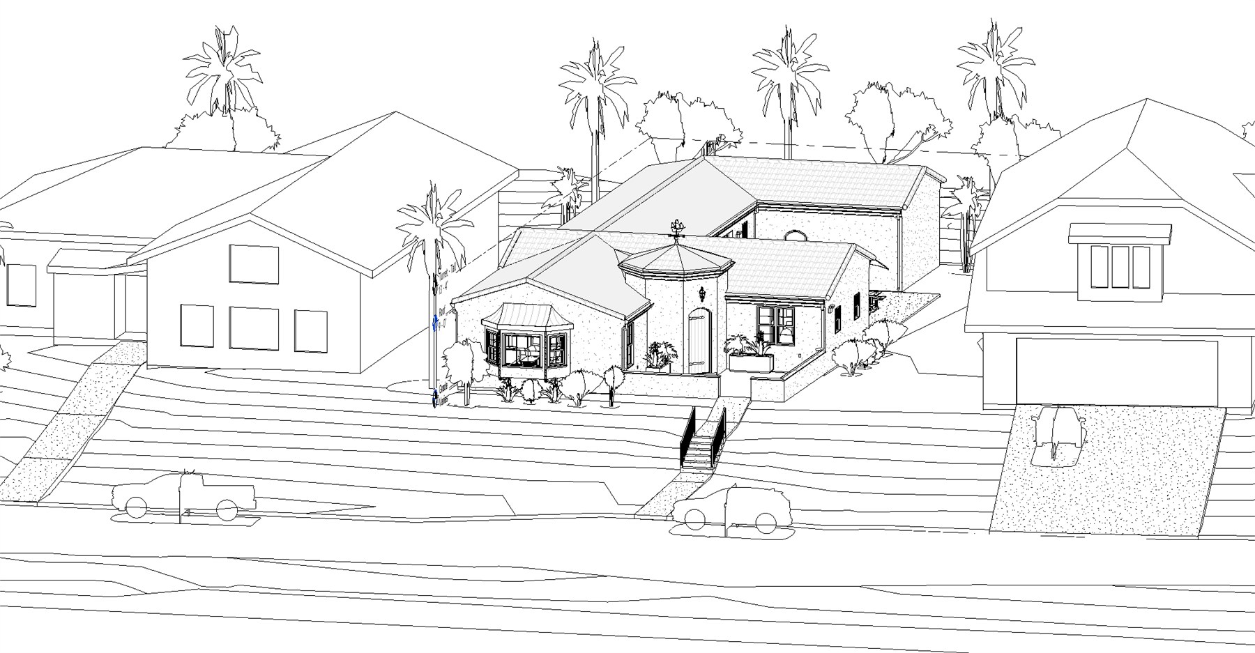 Line drawing of a house as seen from the street, set between neighboring homes with palm trees